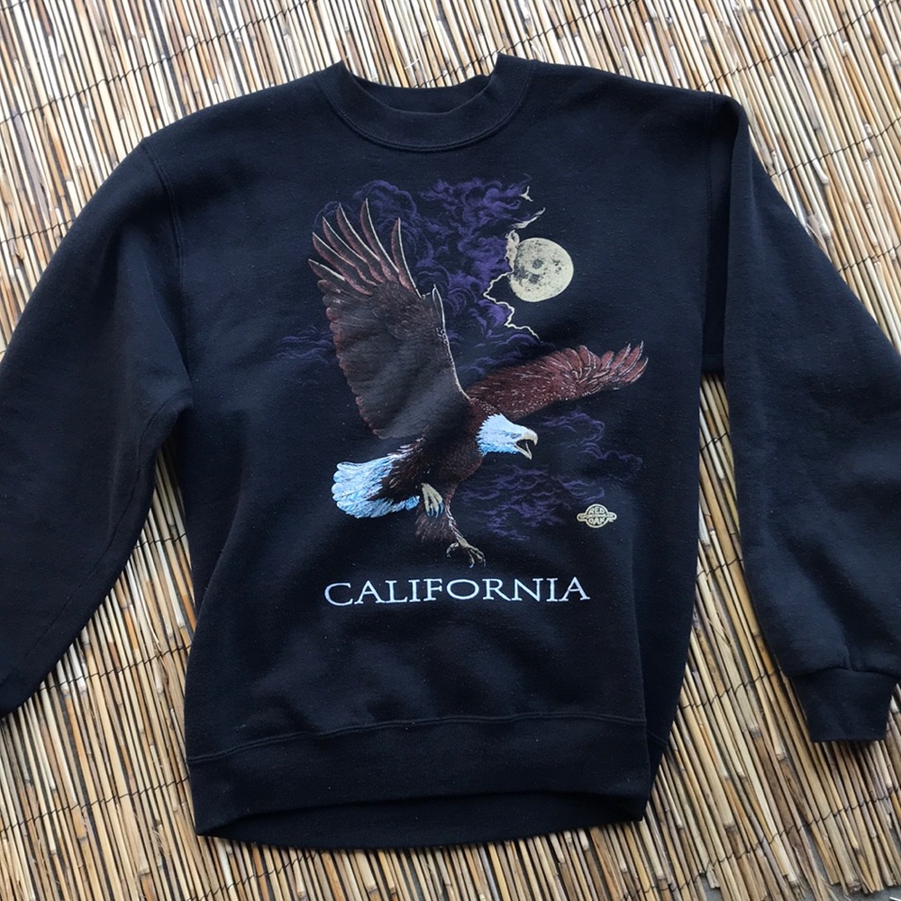 Vintage Jerzees Black Crewneck Sweatshirt with Eagle & Moon Graphic